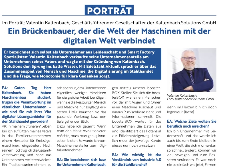 Interview mit Valentin Kaltenbach im Fachmagazin Edelstahl aktuell